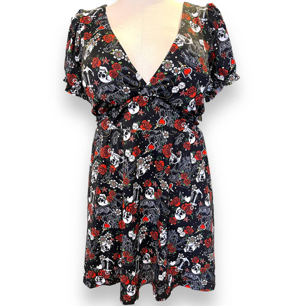 Torrid 1 (1x 14/16) Tattoo Print Retro Wireless Swim Dress w/Briefs Long Length